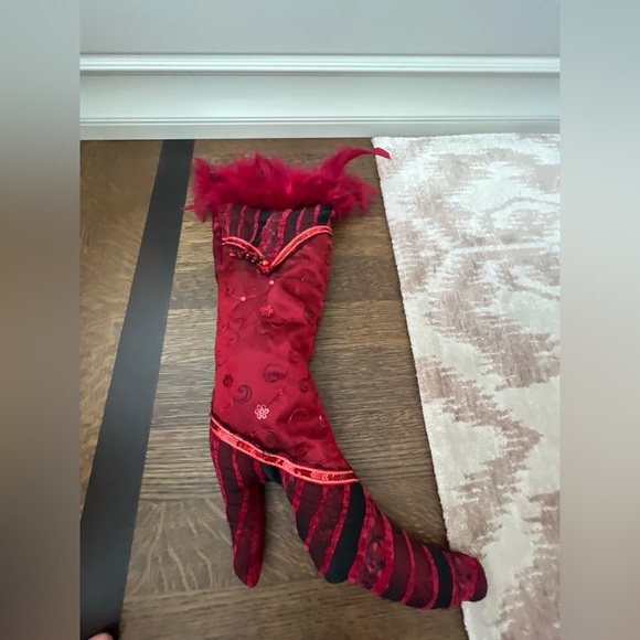 Vintage Early 2000’S High Heel Boot CHRISTMAS Stockings Decor Fabric Feather X 4 - Picture 5 of 8